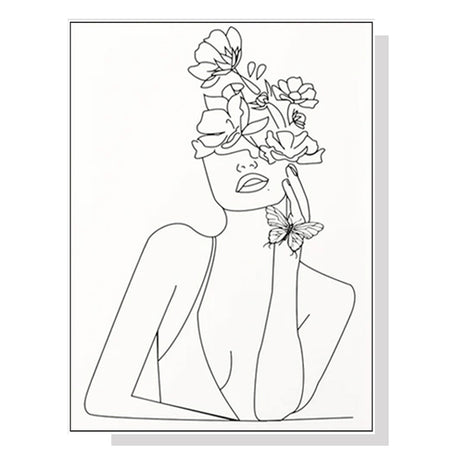 70cmx100cm Line Art Girl White Frame Canvas Wall Art