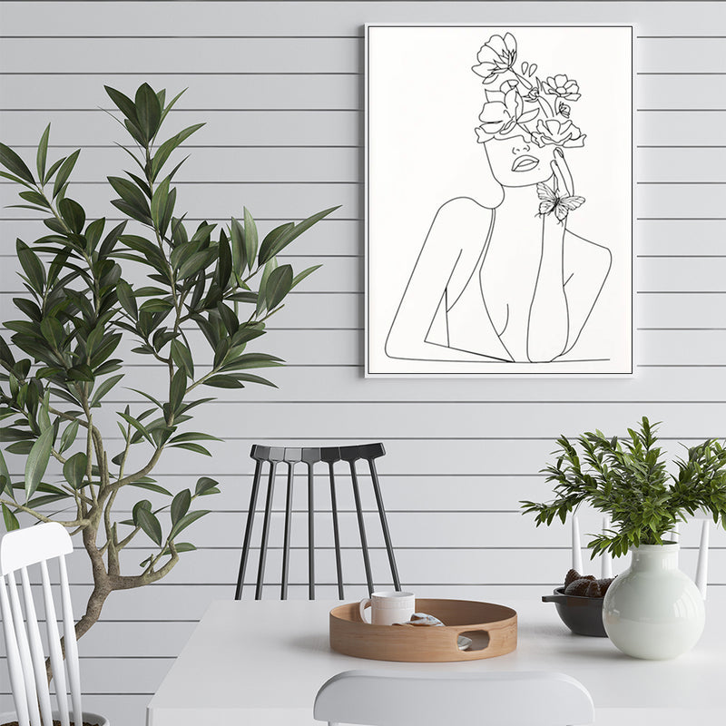 70cmx100cm Line Art Girl White Frame Canvas Wall Art