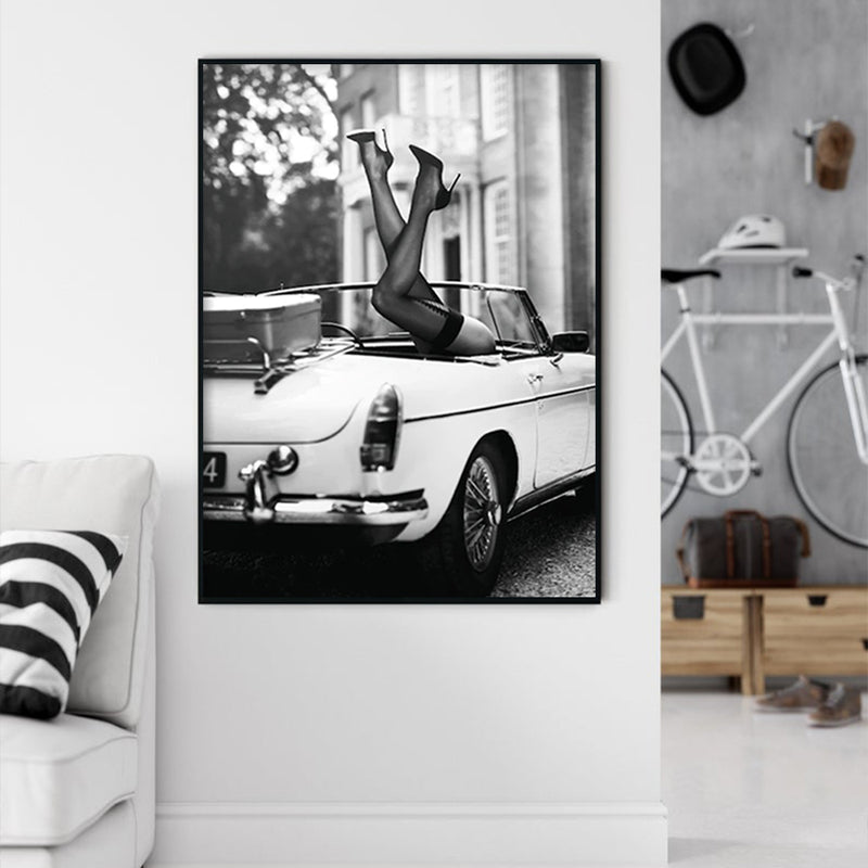 50cmx70cm High Heels in Classic Car Black Frame Canvas Wall Art