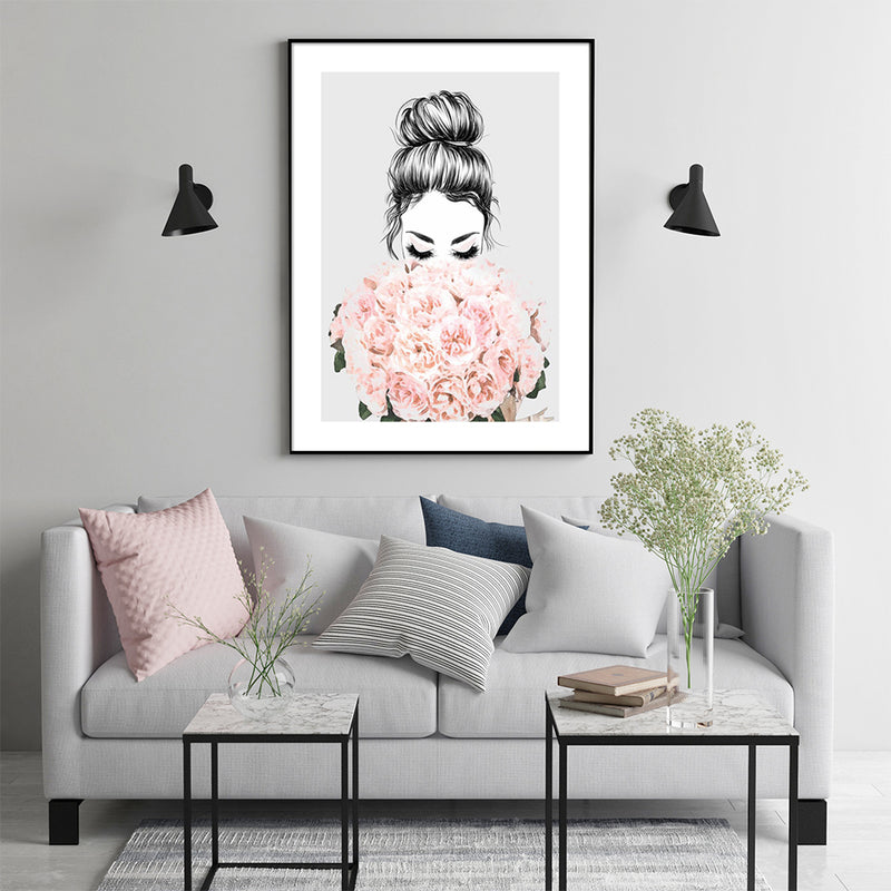 80cmx120cm Roses Girl Black Frame Canvas Wall Art