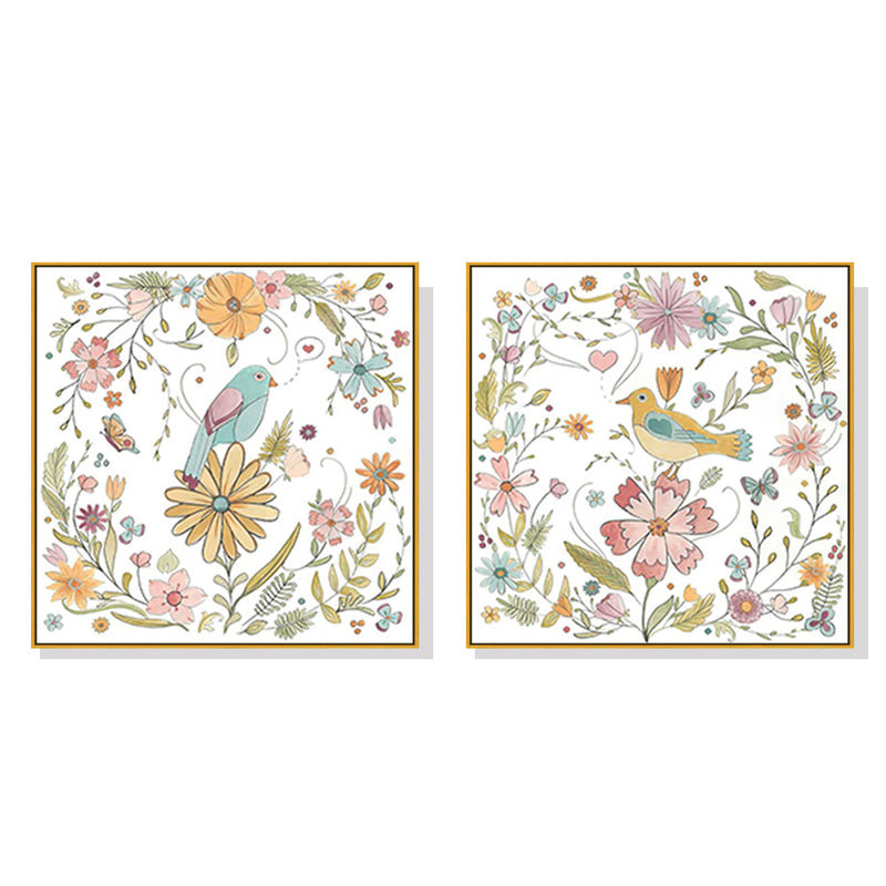 50cmx50cm Floral birds 2 Sets Gold Frame Canvas Wall Art