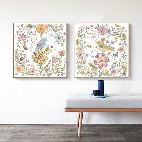 60cmx60cm Floral birds 2 Sets Gold Frame Canvas Wall Art