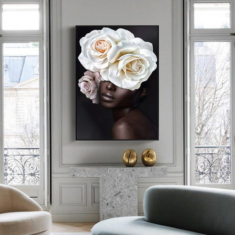 60cmx90cm Flower African Woman Black Frame Canvas Wall Art