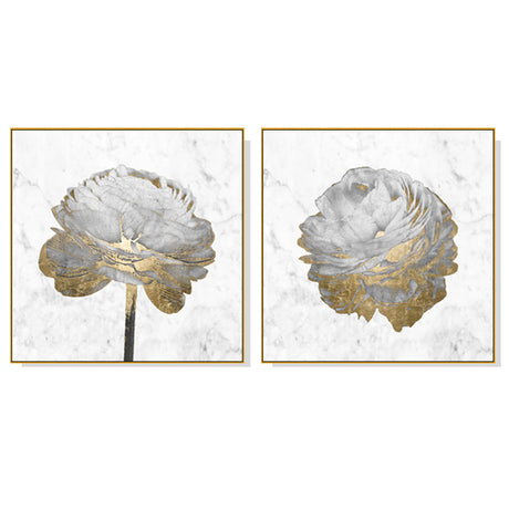 50cmx50cm Gold And White Blossom On White 2 Sets Gold Frame Canvas Wall Art