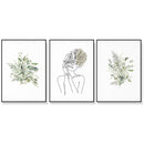 50cmx70cm Botanical Line Girl 3 Sets Black Frame Canvas Wall Art