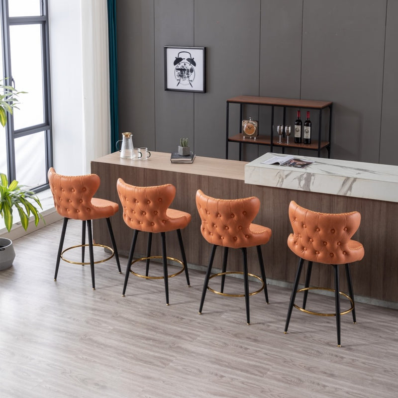 2x Swivel Bar Stools Tufted Counter Chairs with Stud Trim and Metal Base-Orange