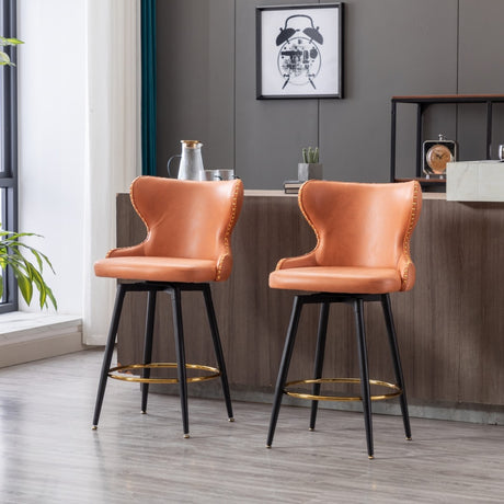 2x Swivel Bar Stools Tufted Counter Chairs with Stud Trim and Metal Base-Orange