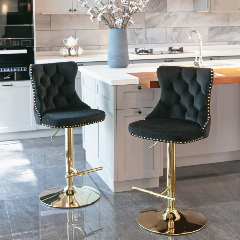 2x Height Adjustable Swivel Bar Stool Velvet Studs Barstool with Footrest and Golden Base- Black