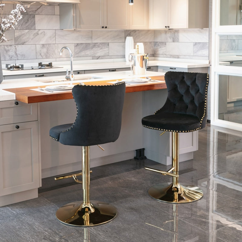 2x Height Adjustable Swivel Bar Stool Velvet Studs Barstool with Footrest and Golden Base- Black