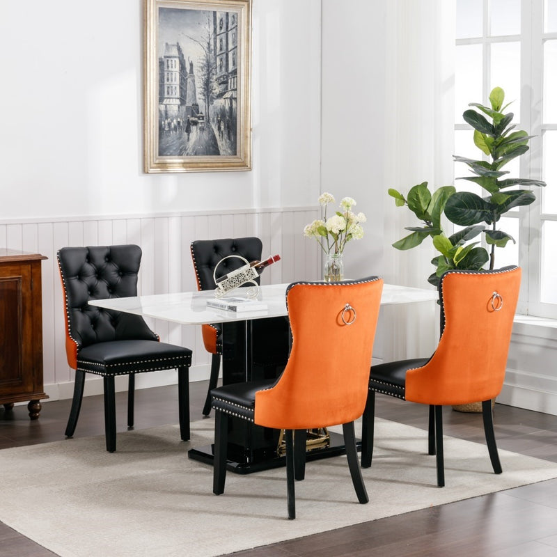 2x PU Faux Leather & Velvet Dining Chairs-Black & Orange