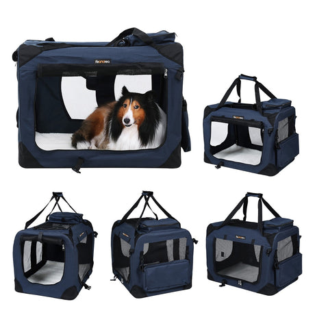 FEANDREA Dog Kennel Transport Box Folding Fabric Pet Carrier 70cm Dark Blue