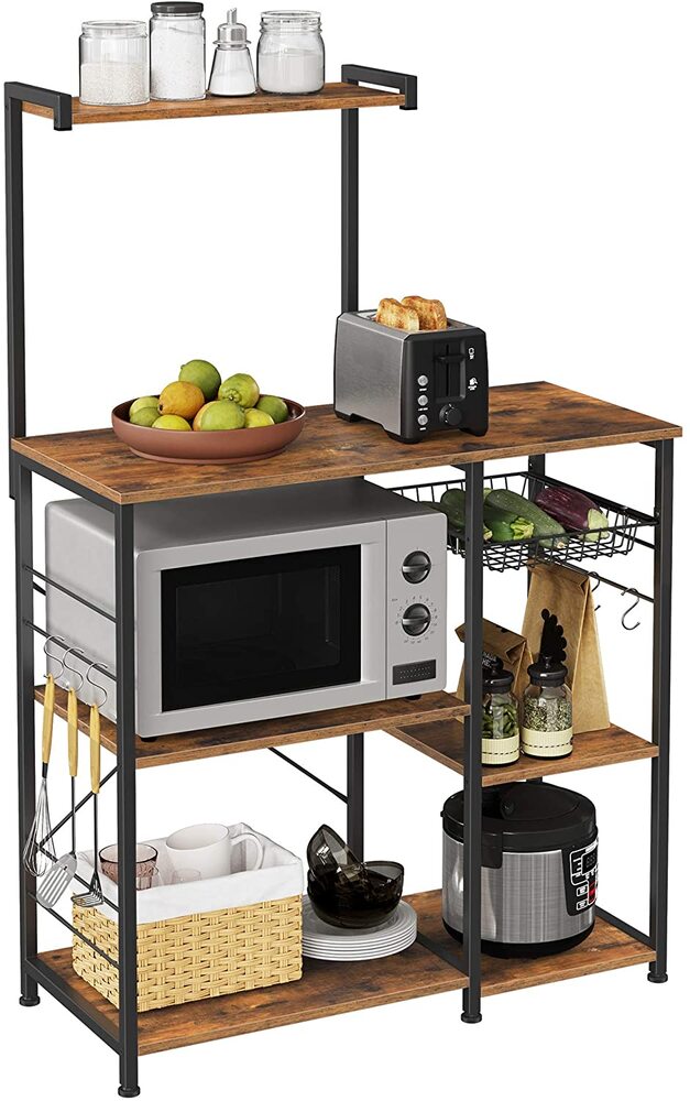 VASAGLE Baker’s Rack with Shelves Microwave Stand with Wire Basket 6 S-Hooks Rustic Brown KKS35X