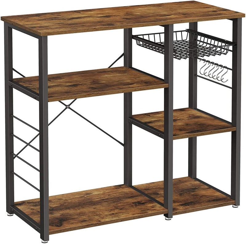 VASAGLE Baker's Rack Kitchen Shelf with Steel Frame Wire Basket and 6 Hooks Rustic Brown and Black KKS90X