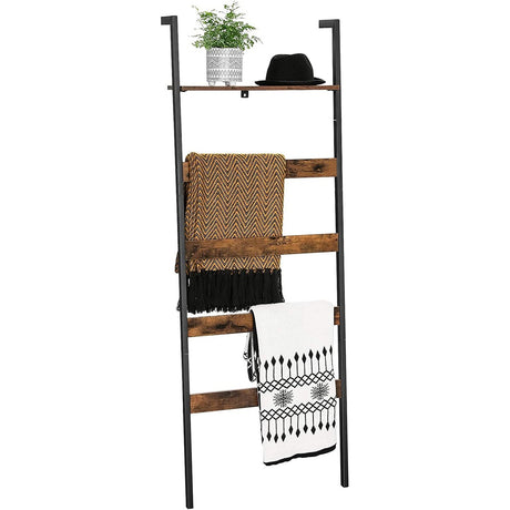 VASAGLE Blanket Ladder Wall-Leaning Rack with Storage Shelf Rustic Brown and Black LLS012B01