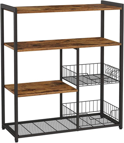 VASAGLE Baker’s Rack Kitchen Island with 2 Metal Mesh Baskets Shelves and Hooks Industrial Style Rustic Brown KKS96X