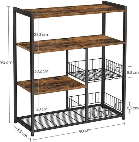 VASAGLE Baker’s Rack Kitchen Island with 2 Metal Mesh Baskets Shelves and Hooks Industrial Style Rustic Brown KKS96X