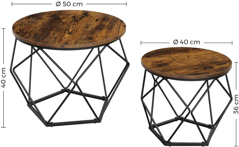 VASAGLE Coffee Tables Set of 2 Side Tables Robust Steel Frame for Living Room Bedroom Rustic Brown and Black LET040B01