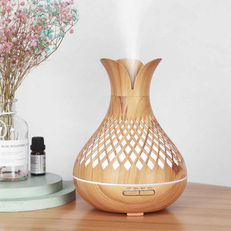 Essential Oil Aroma Diffuser and Remote - 500ml Vase Flower Wood Mist Humidifier