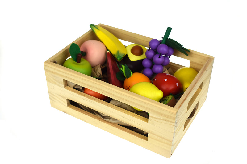 WOODEN FRUITS 12PCS SET WITH WOODEN CRATE