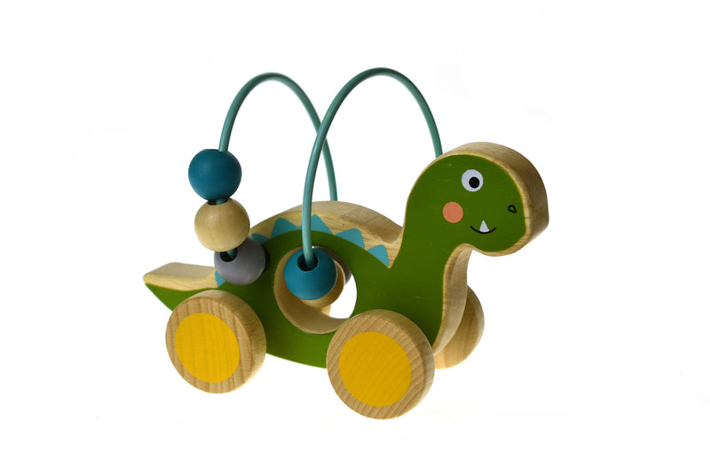 WOODEN DINOSAUR BEAD MAZE ON WHEEL GREEN