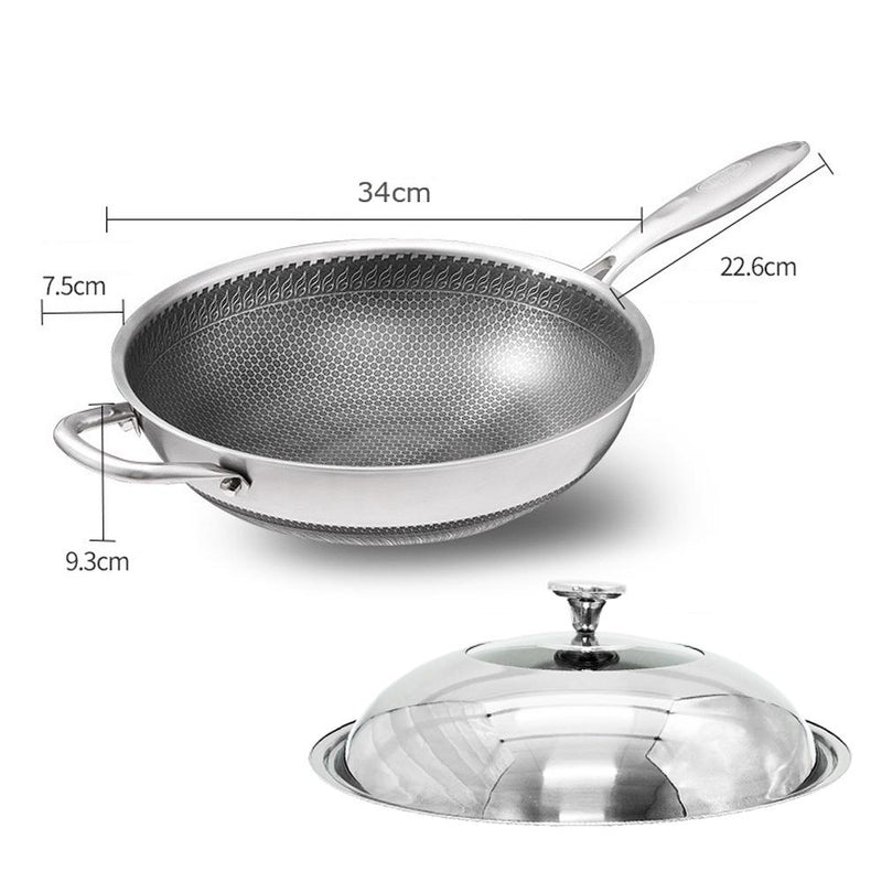 34cm 304 Stainless Steel Non-Stick Stir Fry Cooking Kitchen Honeycomb Wok Pan with Lid