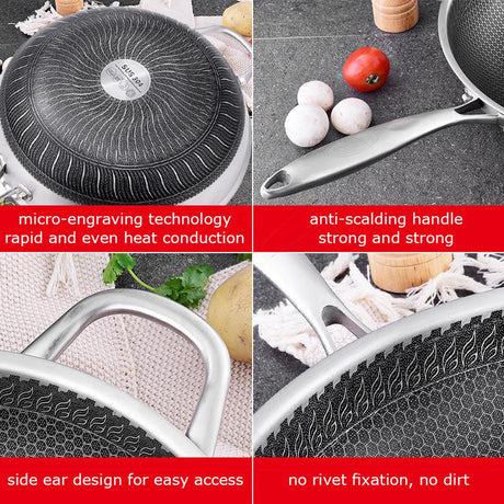 34cm 304 Stainless Steel Non-Stick Stir Fry Cooking Kitchen Honeycomb Wok Pan with Lid