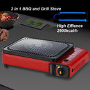 Portable Gas Stove Burner Butane BBQ Camping Gas Cooker With Non Stick Plate Red with Fish Pan and Lid