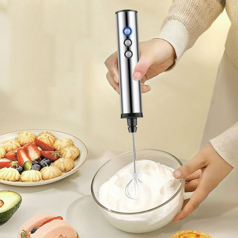 USB Charging Electric Egg Beater Milk Frother Handheld Drink Coffee Foamer Silver with 3 Stainless Steel Whisks