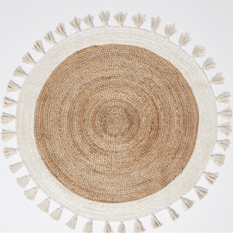 Bohemian Cream & Natural Braided Jute Cotton Round Rug with Tassel 120 x 120 cm