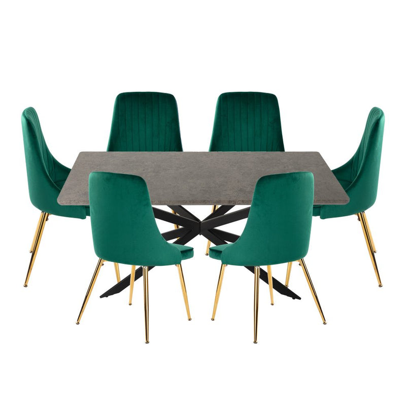 Dining Set Rectangular Table with 6 Green Velvet Chairs