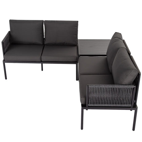 Eden 4-Seater Outdoor Lounge Set with Coffee Table in Black - Stylish Textile and Rope Design