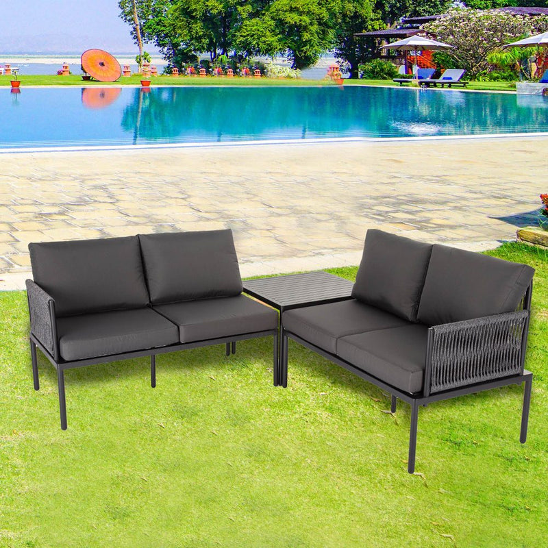 Eden 4-Seater Outdoor Lounge Set with Coffee Table in Black - Stylish Textile and Rope Design