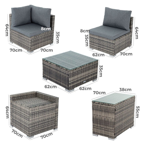 9PCS Outdoor Furniture Modular Lounge Sofa with Wicker End Table