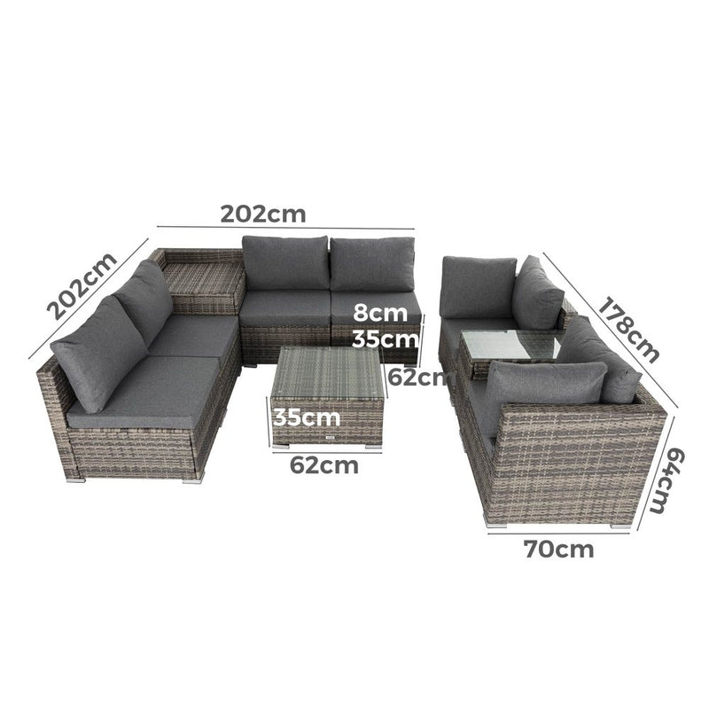 9PCS Outdoor Furniture Modular Lounge Sofa with Wicker End Table