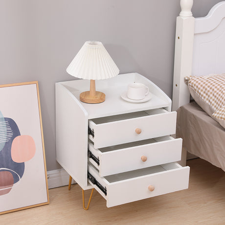 Winston 3 - Drawer Nightstand Bedside Table with Gold Steel Legs Tray Top White