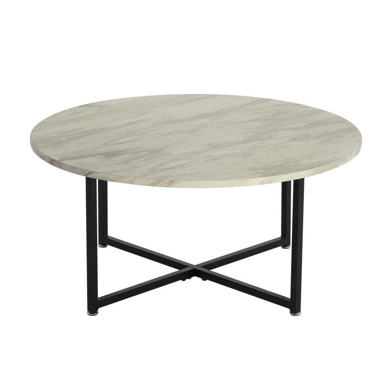 White Marble Effect Round Coffee Table with Black Legs