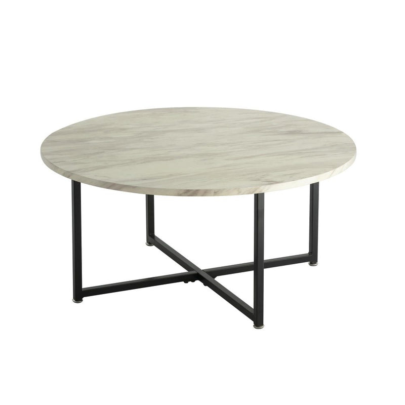 White Marble Effect Round Coffee Table with Black Legs