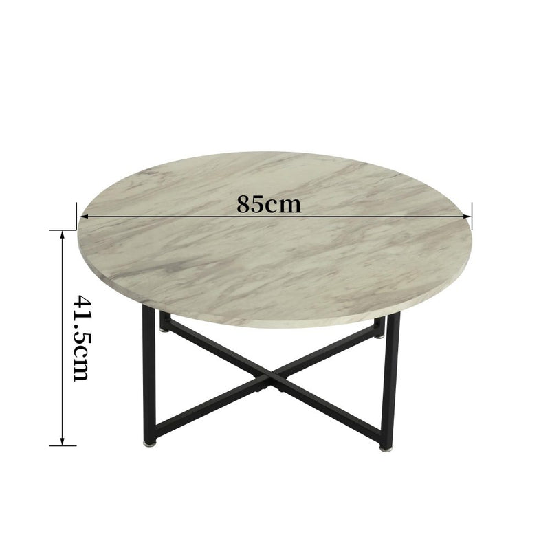 White Marble Effect Round Coffee Table with Black Legs