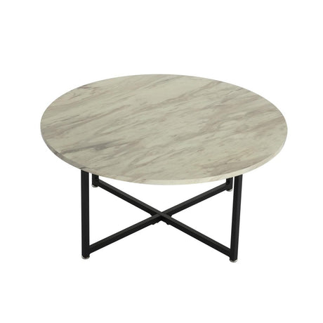 White Marble Effect Round Coffee Table with Black Legs