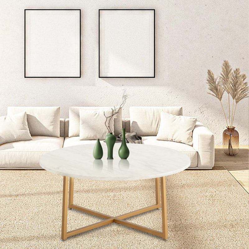 White Marble Effect Round Coffee Table with Gold Legs