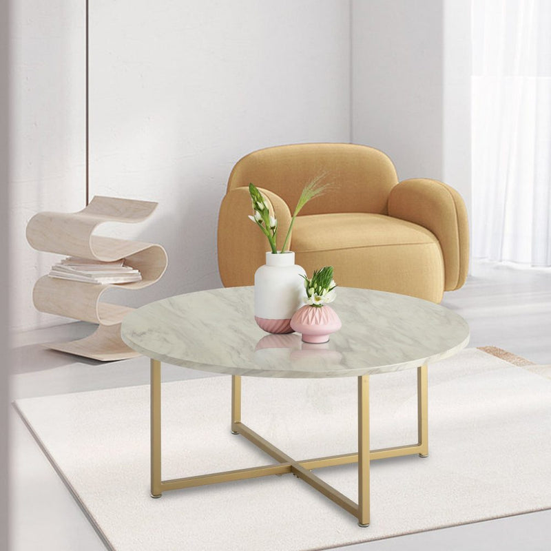 White Marble Effect Round Coffee Table with Gold Legs