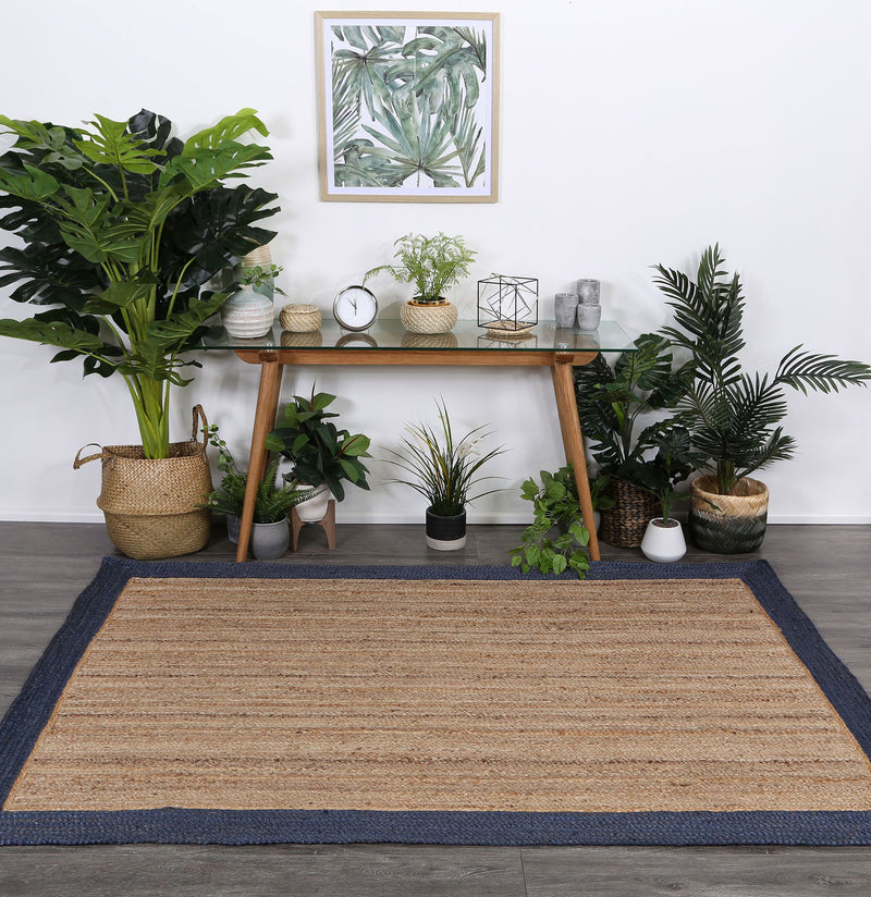 Hampton Navy Blue Border Jute Rug 150x220cm