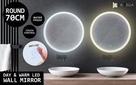 La Bella LED Wall Mirror Round Touch Anti-Fog Makeup Decor Bathroom Vanity 70cm