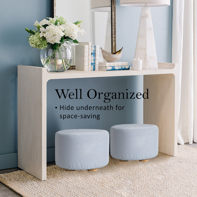 La Bella 2 Set Light Blue Fabric Ottoman Round Wooden Leg Foot Stool