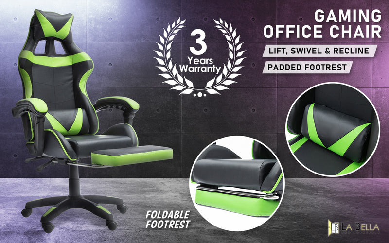 La Bella Green Gaming Office Chair Epic Ergonomic Racing Footrest