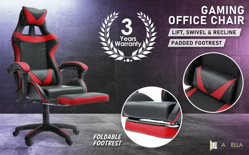 La Bella Red Gaming Office Chair Epic Ergonomic Racing Footrest