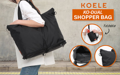 KOELE Black Shopper Bag Tote Bag Foldable Travel Laptop Grocery KO-DUAL