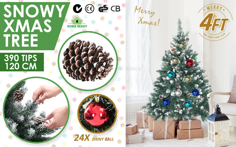 Home Ready 4Ft 120cm 390 tips Green Snowy Christmas Tree Xmas Pine Cones + Bauble Balls