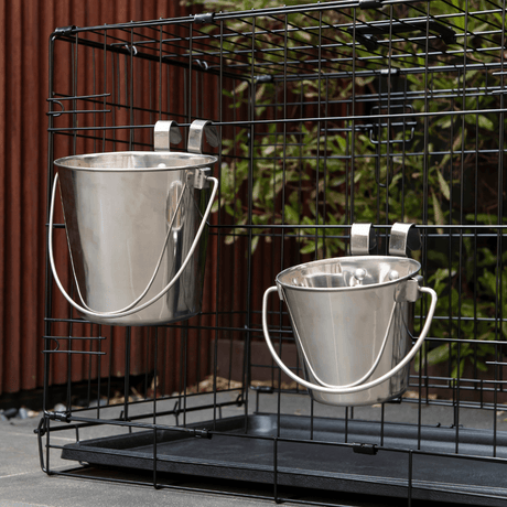 2 x 3.8L Stainless Steel Pet Parrot Feeder Dog Cat Bowl Water Bowls Flat Sided Bucket with Riveted Hooks