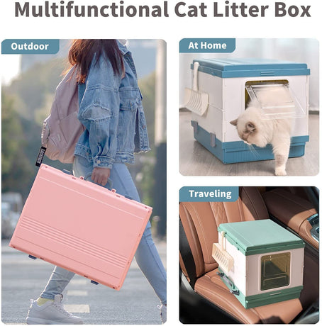 XL Portable Cat Toilet Litter Box Tray Foldable House with Handle and Scoop Blue